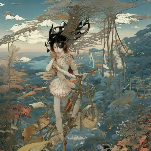 Prompt: A Japanese style　Richard Dadd Anime　surreal　fanciful　wondrous　strange　Whimsical　Sci-Fi Fantasy　Girl Alice　Autumn leaves parachute　blue-sky　bicycle　Cafe Hyperdetailed high resolution high quality masterpiece