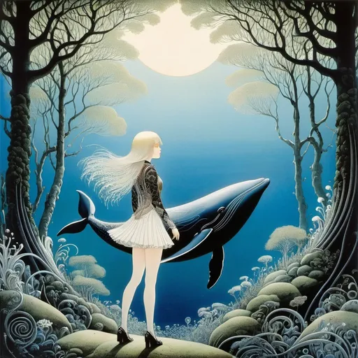 Prompt: Kay Nielsen, Alexander Sharpe Ross, Surreal, mysterious, strange, fantastical, fantasy, Sci-fi, Japanese anime, wirework whale, forest sea, miniskirt beautiful girl hunter, perfect voluminous body, detailed masterpiece 