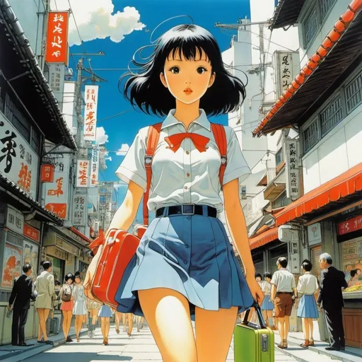 Prompt: Katsuhiro Otomo, Josef Liesler, Cyril Bouda, Hans Christiansen, Kozue Amano, Surrealism, wonder, strange, fantastical, fantasy, sci-fi, Japanese anime, a miniskirt spring beauty who goes to the end of the world to greet the summer that never comes, perfect voluminous body, carrying a lunch box, detailed masterpiece 