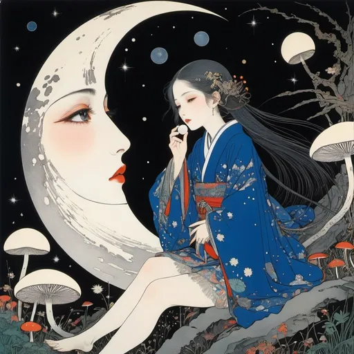 Prompt: Harry Clarke, Émile Fabry, Surreal, mysterious, bizarre, fantastical, fantasy, Sci-fi, Japanese anime, In search of the lost darkness and moon, Glowing mushrooms and Kaguya's ladder, Zashiki fireworks, Clear your mind with the cry of the night, How to drink and capture the moon - the world of moon play miniskirt beautiful girl, perfect voluminous body, detailed masterpiece 