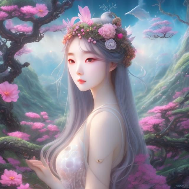 Prompt: Wanda Gág, Japanese anime, Surreal, mysterious, strange, fantastical, absurd, fantasy, Sci-fi fantasy, forest where gods and spirits live, solo girl, beautiful perfect voluminous body, encounter with mysterious birds, summoning ritual of wind spirit, trial of dreams and illusions shown by the snake god, hyperdetailed high resolution high definition high quality masterpiece