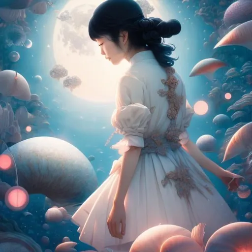 Prompt: James Jean, Keiko Takemiya, Surreal, mysterious, strange, fantastical, fantasy, Sci-fi, Japanese anime, natural history art, Age of Discovery, shell of the moon, running young maid, perfect voluminous body, detailed masterpiece depth of field cinematic lighting 