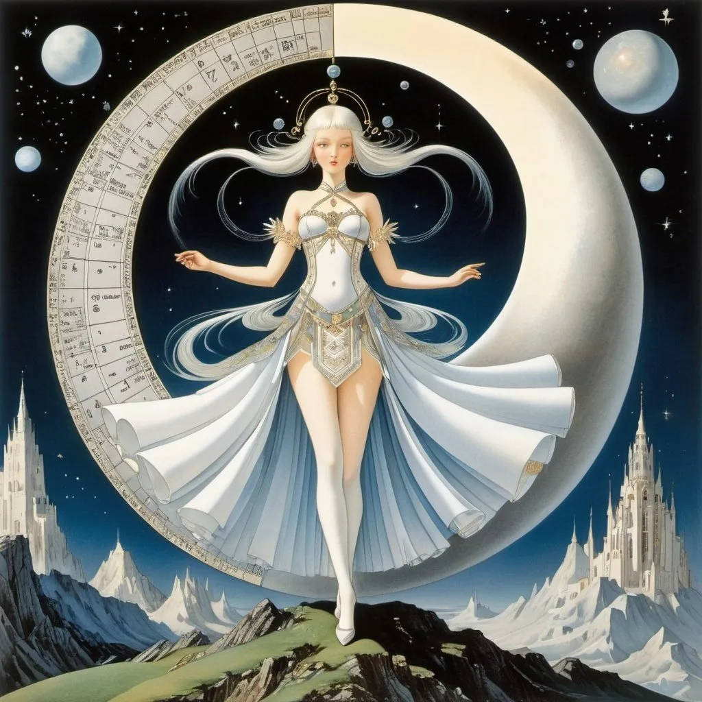 Prompt: Kay Nielsen, Dušan Kállay, Sándor Bortnyik, Gyula Batthyány, Ernst Kreidolf, Johannes Hendrikus Moesman, Surrealism, wonder, strange, fantastical, fantasy, Sci-fi, Japanese anime, mini-skirt beautiful girl goddess visualizes the world through mathematics, perfect voluminous body, the turning moon, Pythagoras' counter-Earth, detailed masterpiece 