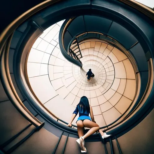 Prompt: Fidus, Kotomi Aoki, Surreal, mysterious, strange, fantastical, fantasy, Sci-fi, Japanese anime, archeology, architectural history, architectural structure, seeking height, images and ideas of towers, miniskirt beautiful girl climbing the spiral staircase of the tower, perfect voluminous body, detailed masterpiece 