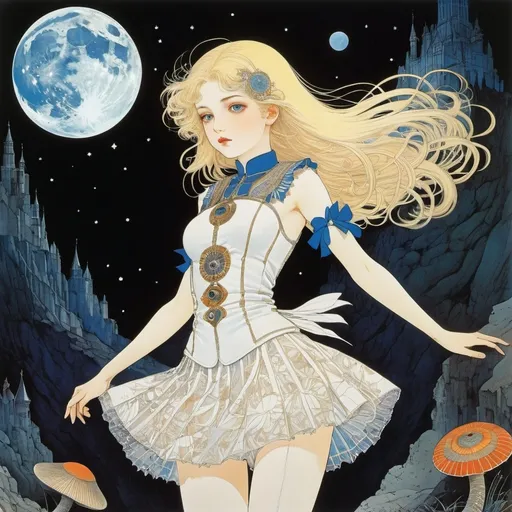 Prompt: Harry Clarke, Amelia Bauerle, Tommi Musturi, André François, Moto Hagio, Surrealism, wonder, strange, bizarre, fantasy, Sci-fi, Japanese anime, midnight ammonite excavation, shooting star, blonde miniskirt beautiful girl Alice, perfect voluminous body, detailed masterpiece 