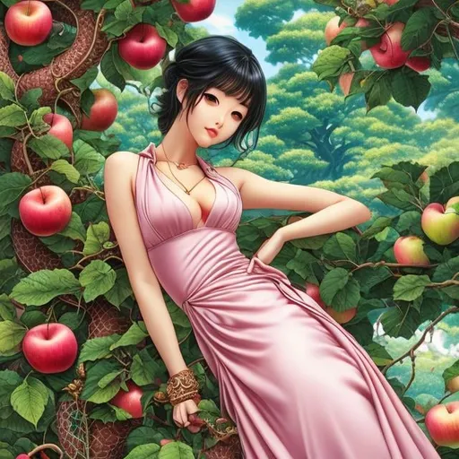 Prompt: Sydney Sime, Japanese anime, Katsuhiro Otomo, manga lines, Eve, low cut dress voluminous chest, apple Tree, holding an apple, huge snake, hyperdetailed, realistic, high resolution, high quality, high definition, masterpiece 