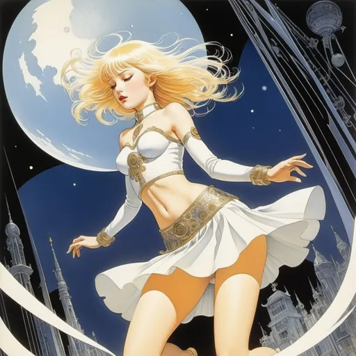 Prompt: Kay Nielsen, Guido Crepax, Benito Jacovitti, Aslan artist, Bianca Bagnarelli, Surrealism Mysterious Weird Fantastic Fantasy Sci-fi, Japanese Anime, Fever Accelerator Miniskirt Beautiful High School Girl, perfect voluminous body, Dynamic, action poses, detailed masterpiece low high angles perspectives 