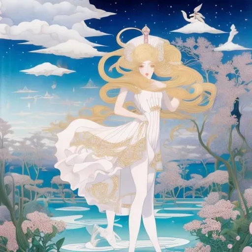 Prompt: George Barbier, Kay Nielsen, Yelena Polenova, Surreal, mysterious, bizarre, fantastical, fantasy, Sci-fi fantasy, Japanese anime, beautiful blonde miniskirt girl Alice, perfect body, thought and iconography of secret works, unfulfilled dreams, perfection and eternity, the science of Hermes, the rose garden of the philosophers, accompaniment with mythology and music, chemization and alchemia, hyper detailed masterpiece high resolution definition quality, depth of field cinematic lighting 