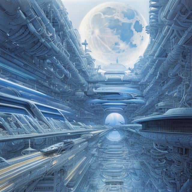 Prompt: Lebbeus Woods, Zaha Hadid, Paolo Soleri, Michael Kaluta, Ralph McQuarrie, surreal, strange, weird, wonderful, sci-fi fantasy, Mechanical moon, plans drawings, blue prints, sections, aerial perspective, vanishing points, mechanic girl, hyperdetailed high resolution high definition high quality masterpiece 