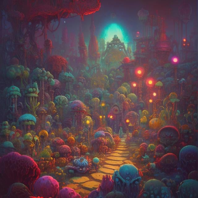 Prompt: Paul Lehr, Surreal, mysterious, bizarre, fantastical, fantasy, Sci-fi, Japanese anime, chemical composition and atomic arrangement of minerals, ore garden, succulent plants, lawn paradise, detailed masterpiece depth of field cinematic lighting