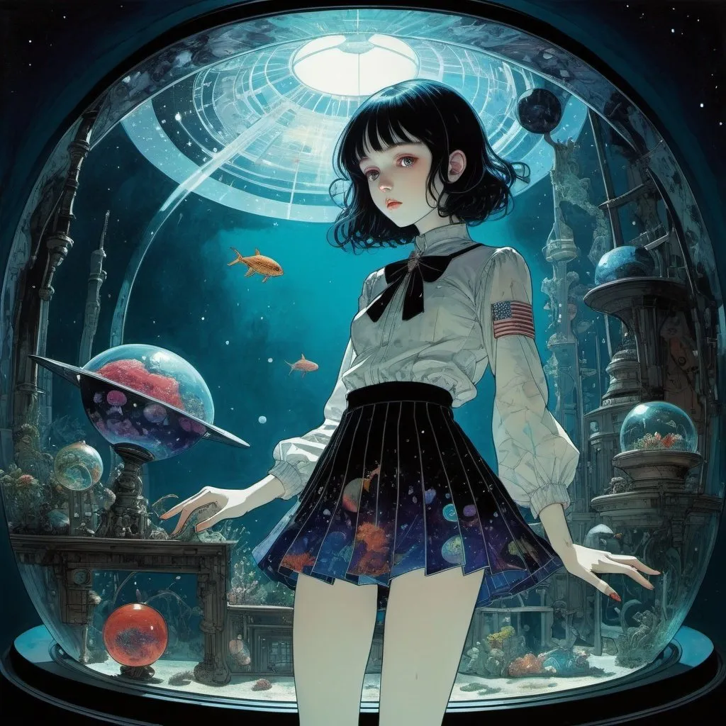 Prompt: Harry Clarke, Nancy Eckholm, Surreal, mysterious, strange, fantastical, fantasy, Sci-fi, Japanese anime, spaceship in an aquarium, solar system, nebula, beautiful high school girl in a miniskirt feeding, perfect voluminous body, detailed Masterpiece 