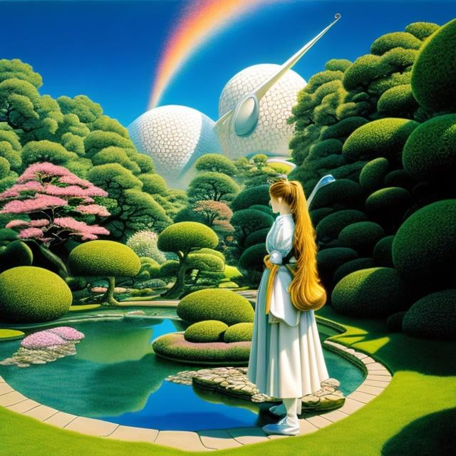 Prompt: Michael Whelan, Riyoko Ikeda, Surreal, mysterious, strange, fantastical, fantasy, Sci-fi, Japanese beautiful garden, picturesque, general optics of refracting telescope, stone flower, beautiful blonde miniskirt girl Alice, perfect body, detailed masterpiece 
