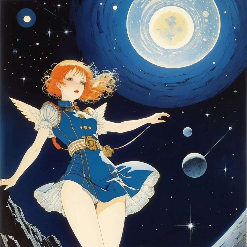 Prompt: Harry Clarke, Lisbeth Zwerger, Emil Weiss, Ayano Imai, Kōji Fukiya, Surrealism, wonder, bizarre, bizarre, fantasy, Sci-fi, Japanese anime, flying over the stars, comet hunting, starship lurking in the blue darkness, miniskirt beautiful girl captain, perfect voluminous body, detailed masterpiece 