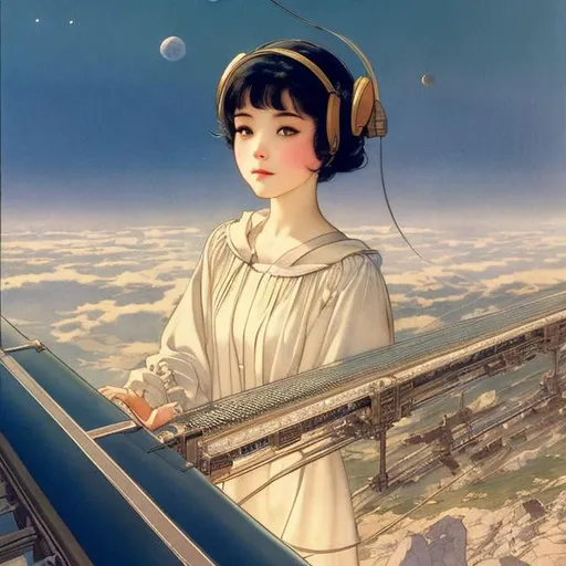 Prompt: Kate Greenaway,  Jessie Willcox Smith, Heikala, Tokyo future scape, space elevator, Japanese high school girl, beautiful face dark hair, hyper detailed, high resolution, high definition, high quality, masterpiece, Japanese anime, hand drawn manga lines, realistic 