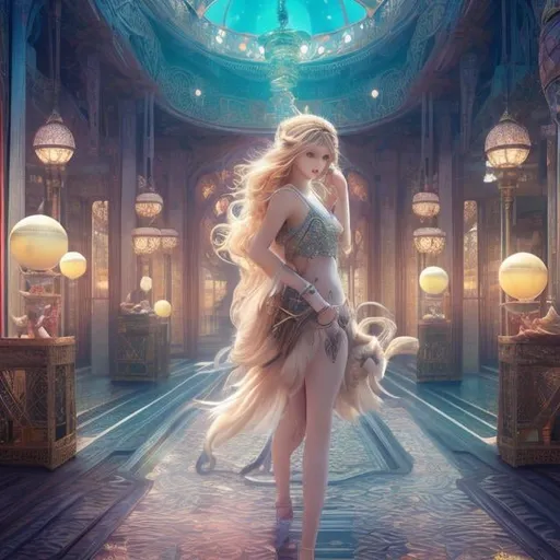 Prompt: Walter Crane, Arthur Rackham, Japanese Anime, Surreal Mysterious Weird Fantastic  Sci-Fi Fantasy, Budgerigar in a cage, Alice's body is a birdcage, Beautiful girl Alice, perfect voluminous body, Short blonde hair, Horizon, Multiple floating spheres, vibrant colors,m, masterpiece, sharp focus, best quality, depth of field, cinematic lighting, detailed, high resolution definition quality masterpiece 