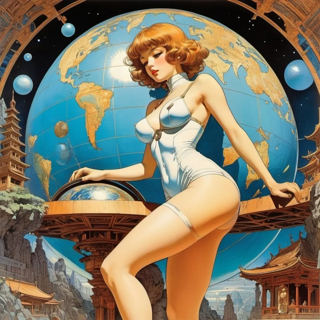 Prompt: Louis Raemaekers, Georges de Feure, Virgil Finlay full colours, Rohan Eason, Masamune Shirow, Surrealism Mysterious Weird Fantastic Fantasy Sci-fi, Japanese Anime, Gothic Anatomy, Doppelgänger, Ruins, Underground, Celestial Globe Design, Miniskirt Beautiful Girl scientist, perfect voluminous body, detailed masterpiece 