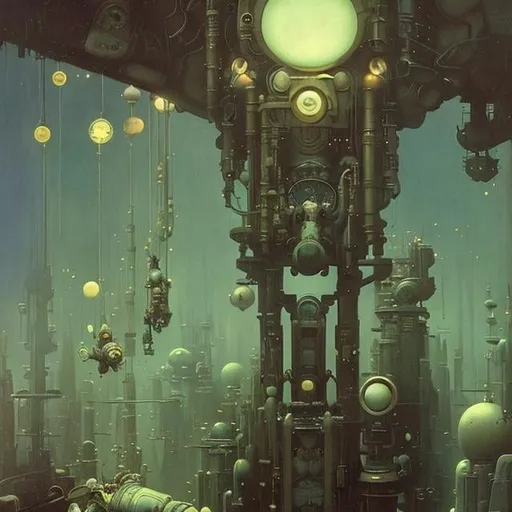 Prompt: Shaun Tan, Maurice Sendak, Maxfield Parrish, animesque　wondrous　strange　Whimsical　Sci-Fi Fantasy　Girl in the machine　A connected world　Consciousness modification　Go back in time　domino