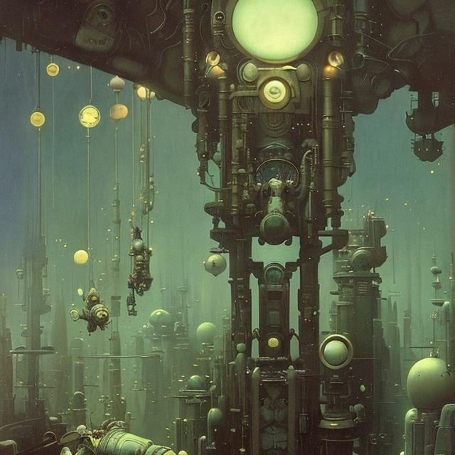 Prompt: Shaun Tan, Maurice Sendak, Maxfield Parrish, animesque　wondrous　strange　Whimsical　Sci-Fi Fantasy　Girl in the machine　A connected world　Consciousness modification　Go back in time　domino