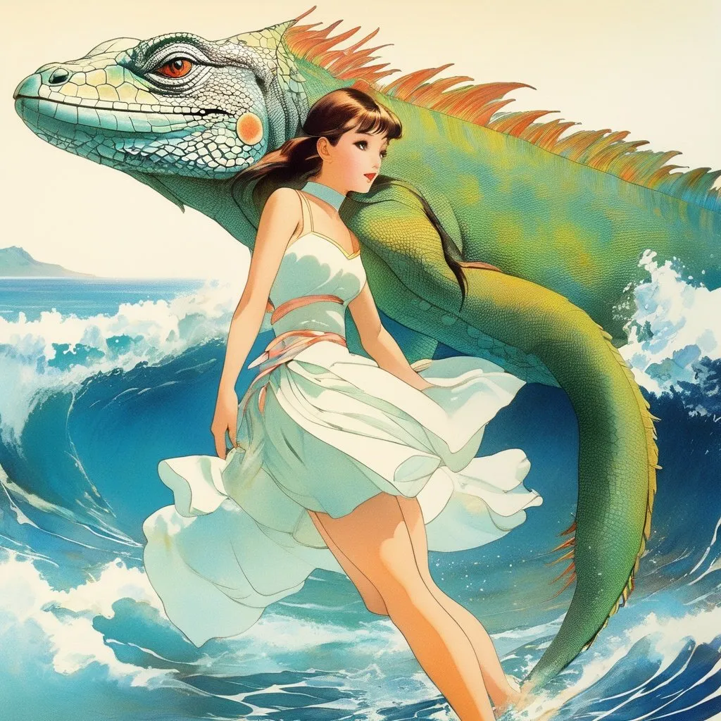 Prompt: Claude Ponti, Richard Doyle, Surreal, mysterious, strange, fantastical, fantasy, Sci-fi, Japanese anime, end-of-the-century panorama, Iguana in the Galapagos, beautiful girl in a miniskirt on the waves, perfect voluminous body, detailed masterpiece 