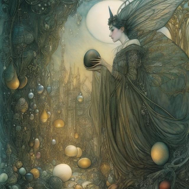 Prompt: Arthur Rackham, Surreal, mysterious, strange, fantastical, fantasy, Sci-fi, Japanese anime François Schuiten art style, A fairy queen holding a large egg and warming it, a young miniskirt beauty, perfect voluminous body, hyper detailed masterpiece high resolution definition quality, depth of field cinematic lighting 