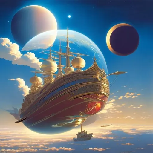 Prompt: Hayao Miyazaki,  Joseph Noel Paton, Jean Giraud, Adam Hughes, Japanese anime, Ship transporting Meteor, hollow sphere, girl’s out, cocktail, hyperdetailed high quality high definition high resolution masterpiece 