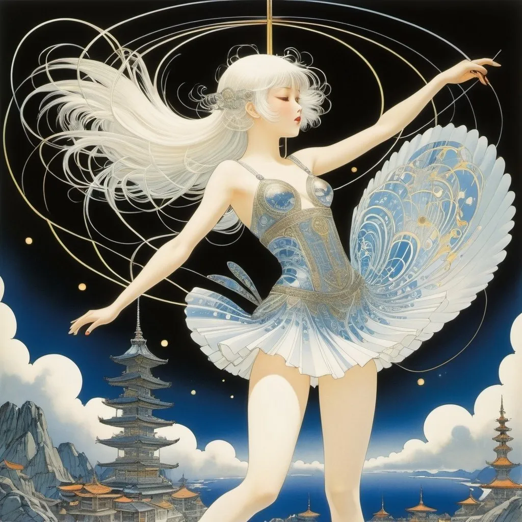 Prompt: Kay Nielsen, Noriyoshi Ohrai, Yuu Watase, Will Eisner, Léon Arthur Tutundjian, Surrealism, strange, bizarre, fantastical, fantasy, Sci-fi, Japanese anime, electric light, electromagnetic waves, automatic machines, aircraft, photographic technology, electric miniskirt magical beautiful girl, perfect voluminous body, detailed masterpiece 