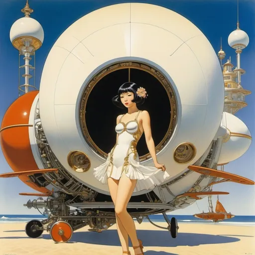 Prompt: Peter Elson, Akiko Hayashi, Laura Brouwers, Rubén Pellejero, George Barbier, Léon Bakst, Surrealism, strange, bizarre, fantastical, fantasy, Sci-fi, Japanese anime, the shell of a machine, the utopia beyond the atelier, the miniskirt beautiful girl who depicts the world, perfect voluminous body, detailed masterpiece 