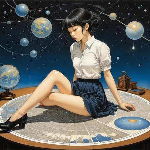 Prompt: Takato Yamamoto, Yuko Shimizu, Jacek Yerka, Henri Privat-Livemont, Igor Oleynikov, Surrealism, wonder, strange, bizarre, fantasy, Sci-fi, Japanese anime, picking up constellations on a map of the sky, 3D celestial sphere illustrated book, beautiful high school girl in a miniskirt doing surveying, perfect voluminous body, detailed masterpiece 