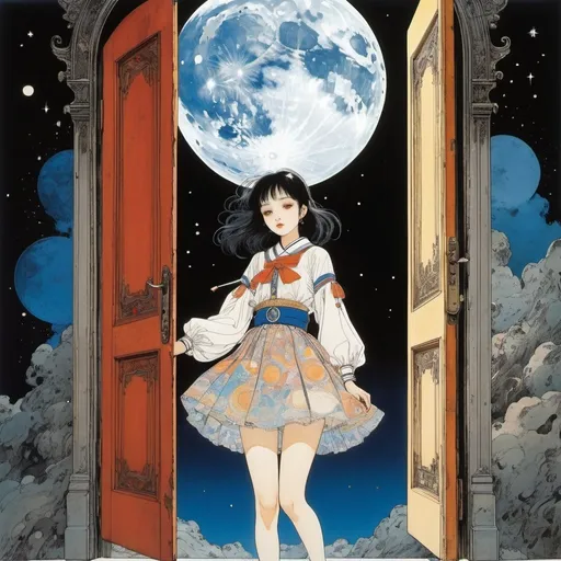 Prompt: Harry Clarke, Katsuya Terada, Tatsuyuki Tanaka, Surreal, mysterious, bizarre, fantastical, fantasy, sci-fi, Japanese anime, door leading to the moon, the surface of the moon spreads out beyond the open door, beautiful high school girl in a miniskirt leaning on the inside of the door, perfect voluminous body, looking at the surface of the moon, starry sky, nebula, detailed masterpiece 