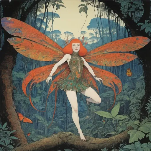 Prompt: Harry Clarke, Iwona Chmielewska, Květa Pacovská, Dagmar Berková, Surrealism, wonder, bizarre, fantastic, fantasy, sci-fi, Japanese anime, astonishing size of the Moluccan beetle, bird of paradise dancing in tree canopy, orangutan hunting in forests of Borneo, valley where Celebes butterflies fly, natural history voyage, surprised and delighted miniskirt beautiful explorer, dynamic action poses, perfect voluminous body, detailed masterpiece 