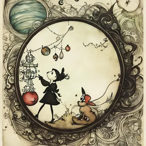 Prompt: Gary Baseman, Arthur Rackham Japanese Anime, Mysterious Strange Fantastic Surreal Fantasy Sci-Fi Fantasy Movement of the Planets, a girl, Newton's Cradle Theater Magnet Feather