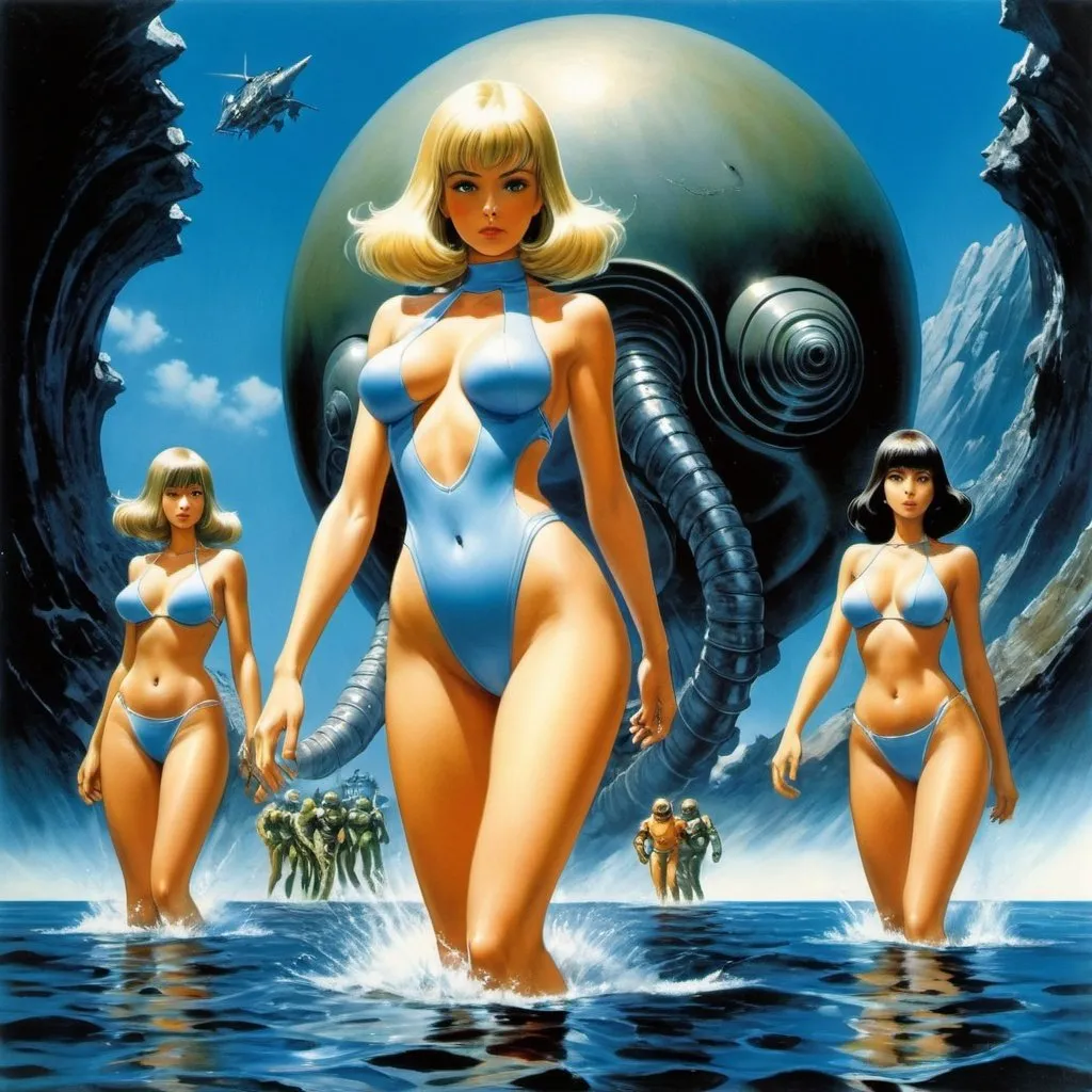 Prompt: Frank Paul, Kelly Freas, Lorenzo Sperlonga, Hajime sorayama, Keith Garvey, Surrealism Mysterious Weird Fantastic Fantasy Sci-Fi, Japanese Anime, Invasion of Walking Ammonites from the Deep Sea, Swimsuit Beautiful Girl Earth Defense Force, perfect voluminous body, dynamic actions, poses, detailed masterpiece 