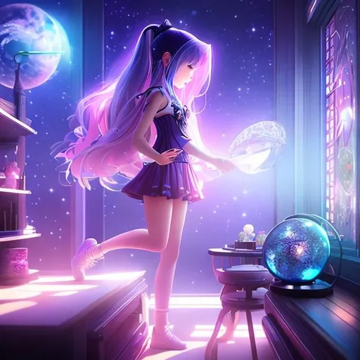 Prompt: animesque　wondrous　strange　Whimsical　surreal　fanciful　Sci-Fi Fantasy　beauty girl　Study room at home　a girl looking at her smartphone floating in the air about 50 cm above the floor