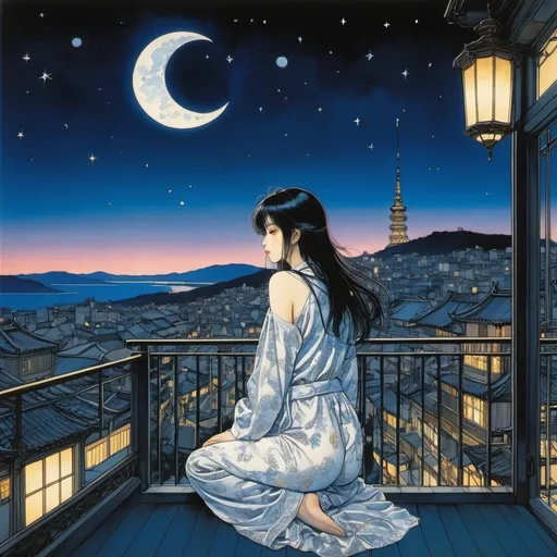 Prompt: Harry Clarke, Jiří Grus, Masamune Shirow, Alžběta Göbelová, Yuko Higuchi, Surrealism, Mysterious, Bizarre, Fantastic, Fantasy, Sci-Fi, Japanese Anime. Dawn greets you on the balcony without sleep. It's still pale, but now you can see faint stars and a crescent moon in the sky. A beautiful girl in pajamas overlooking the city, perfect voluminous body, detailed masterpiece 