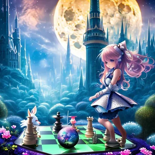 Prompt: Margaret Tarrant, Charles Doyle, Japanese Anime surreal fanciful wondrous strange Whimsical Sci-Fi Fantasy Chessboard under the moon Chess pieces of geometric solids Girl Alice, hyperdetailed high resolution high definition high quality masterpiece
