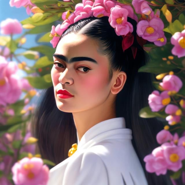 Prompt: Frida Kahlo, Yukari Higa, Surreal, mysterious, strange, fantastical, fantasy, Sci-fi, Japanese anime, Parsifal's Easter, playing in dreams, blonde miniskirt beautiful girl Alice, perfect voluminous body, bird's eye view, detailed masterpiece 