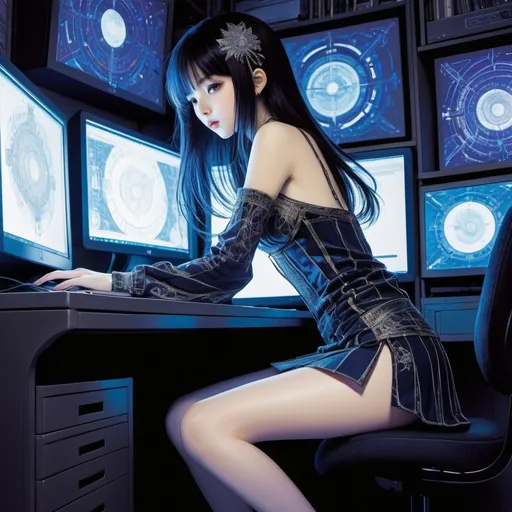 Prompt: Harry Clarke, Naoyuki Kato, Surreal, mysterious, strange, fantastical, fantasy, Sci-fi, Japanese anime, miniskirt beautiful girl leaning out from the computer screen, cyber beautiful girl, perfect voluminous body, study room, detailed mas