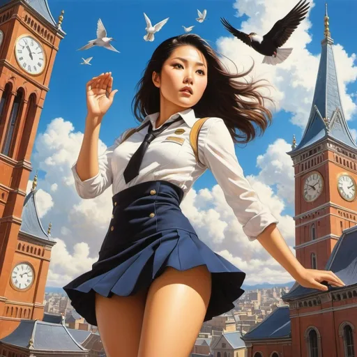 Prompt: Takeo Takei, George Wolfe Plank, Surreal, mysterious, strange, fantastical, fantasy, Sci-fi, Japanese anime, Clock Tower Orchestra, miniskirt beautiful girl conductor, perfect voluminous body, bird's eye view, detailed masterpiece 