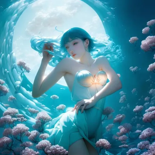 Prompt: James jean, Walter Crane, Surreal, mysterious, strange, fantastical, fantasy, sci-fi, Japanese anime, The polarized light of the calcite fluctuates, A faint plosive sound, Another miniskirt beautiful girl I don't know rises from the depths of the pale blue darkness, Perfect voluminous body, detailed masterpiece cinematic lighting 