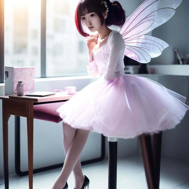 Prompt: Martta Wendelin, Satomi Ichikawa, Surreal, mysterious, strange, fantastical, fantasy, Sci-fi, Japanese anime, beautiful girl rose miniskirt fairy, chair and desk, perfect voluminous body, coffee maker, detailed masterpiece 