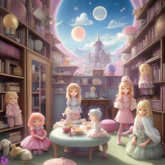 Prompt: Margaret Tarrant, Kate Greenaway, Mabel Attwell, Anne Anderson, Janese Jean, Surreal, mysterious, strange, fantastical, fantasy, Sci-fi, Japanese anime, miniskirt beautiful girl Alice, perfect voluminous body, blonde, in the center of the room, the room is full of stuffed animals of various sizes, Alice smiling happily, hyper detailed masterpiece high resolution definition quality depth of field cinematic lighting 