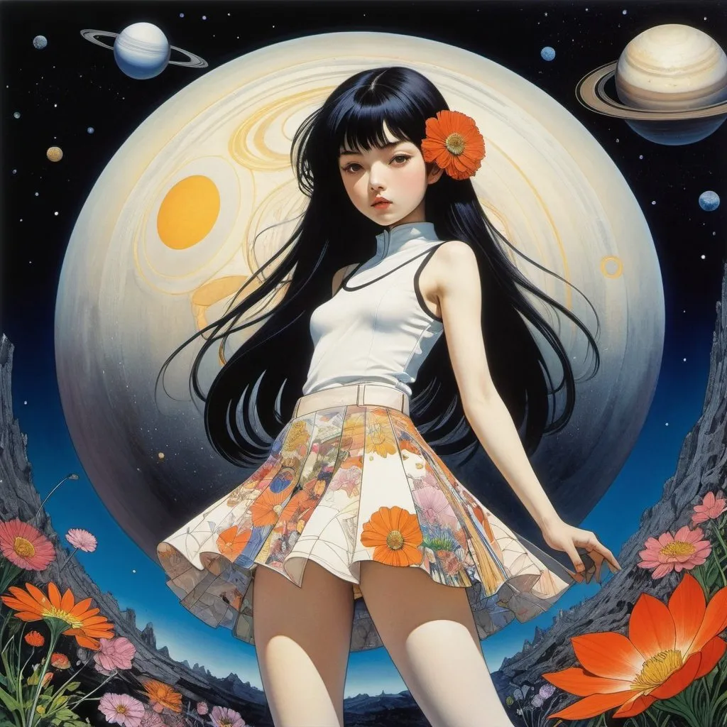 Prompt: Femke Hiemstra, Jacqueline Lamba, Harry Clarke, Keiichi Okamoto, Surrealism, wonder, strange, bizarre, fantasy, Sci-fi, Japanese anime, speed of imagination, interplanetary travel, Saturn becomes the flower of the universe, beautiful girl in a miniskirt, perfect voluminous body, detailed masterpiece 