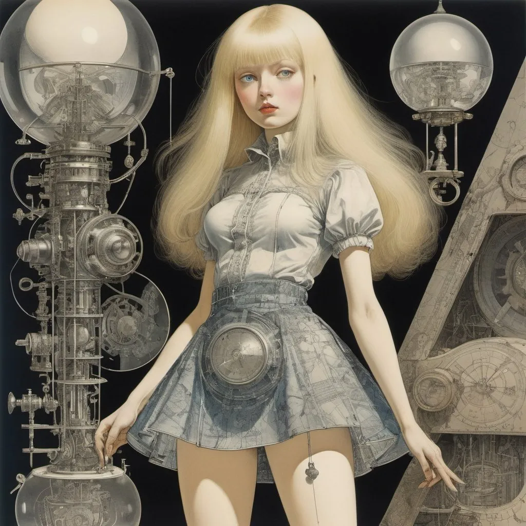 Prompt: Pieter Neeffs I, Harry Clarke, Hans Bellmer, Surrealism, wonder, strange, fantastical, fantasy, Sci-fi, Japanese anime, mechanical visual theory, natural history of light and line of sight, age of optical instruments, blueprint of seeing, beautiful blonde miniskirt girl Alice, perfect voluminous body, detailed masterpiece 