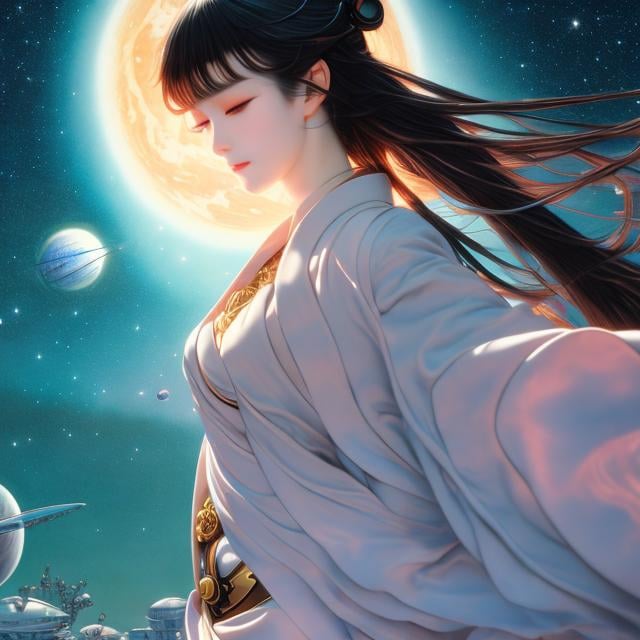 Prompt: Hajime Sorayama, Ludwig Heinrich Jungnickel, Surreal, mysterious, strange, fantastical, fantasy, Sci-fi, Japanese anime, night sky with a view of the Milky Way, space battleship, beautiful girl in a miniskirt kimono, shoulders exposed, perfect voluminous body, hyper detailed masterpiece high resolution definition quality, depth of field cinematic lighting 