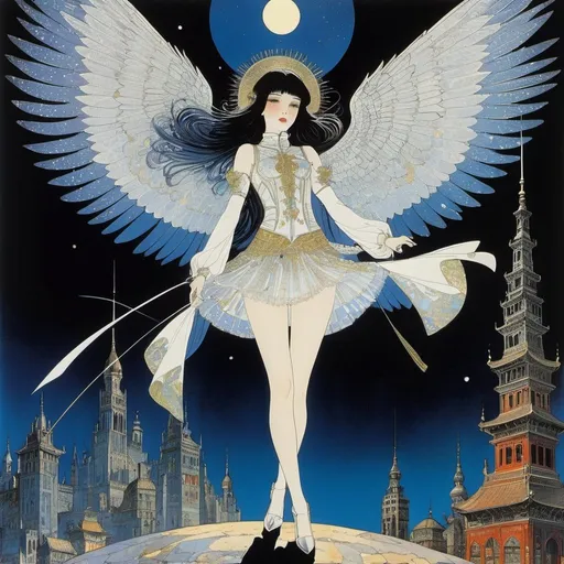 Prompt: Harry Clarke, Andrei Sokolov, Surreal Mysterious Weird Fantastic Fantasy Sci-Fi, Japanese Anime, Stardust City, Miniskirt Fallen Angel Maiden, perfect voluminous body, Hard Boiled, detailed masterpiece dynamic action poses
