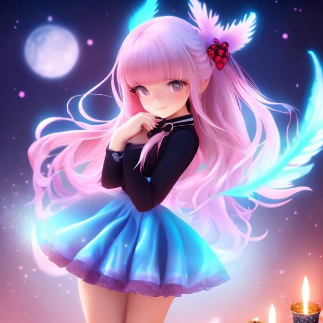 Prompt: Anne Anderson, LEXI LAINE, Surreal, mysterious, strange, fantastical, fantasy, Sci-fi, Japanese anime, candle flame, seashells and feathers, strawberry shortcake, running miniskirt beautiful high school girl, perfect voluminous body, 