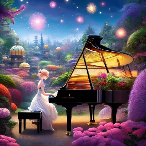 Prompt: Margaret Tarrant, Charles Folkard, Japanese Anime Mysterious Weird Fantastic Surreal Absurd Fantasy Sci-Fi Fantasy, Grand Piano, Botanical Garden Greenhouse, Ring, A beautiful Girl with one piece dress, Sparkler, hyperdetailed high resolution high definition high quality masterpiece