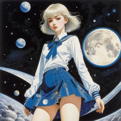 Prompt: Harry Clarke, Taiyo Matsumoto, Hajime Sorayama, Jenny Lucander, Chris Appelhans, Surrealism, wonder, strange, bizarre, fantasy, Sci-fi, Japanese anime, movement of stars and synchronicity, drops of the moon, beautiful high school girl in miniskirt, perfect voluminous body, astronomy, detailed masterpiece