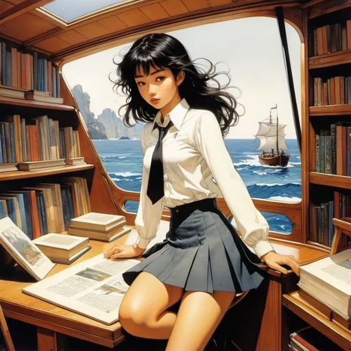 Prompt: Rafael de Penagos, NekoshowguN, Arthur Rackham, Satomi Ichikawa, Tatsuro Kiuchi, Syd Mead, Surrealism, wonder, strange, fantastical, fantasy, Sci-fi, Japanese anime, a beautiful high school girl in a miniskirt who sails on a small boat in the ocean of books, perfect voluminous body, detailed masterpiece 