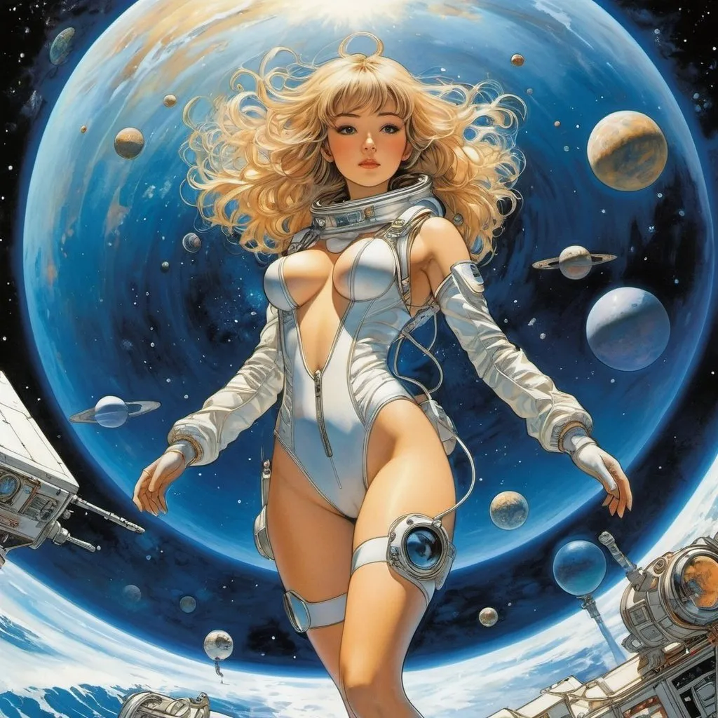 Prompt: Michael Kaluta, Valentine Hugo, Sacha Zaliouk, Tatsuyuki Tanaka, Chris Achilléos, Surrealism, strange, bizarre, fantastical, fantasy, Sci-fi, Japanese anime, beautiful girl in a space suit spacewalking in the galaxy in the attic, perfect voluminous body, skintight, ocean of elementary particles, gravity surfing, detailed masterpiece dynamic 